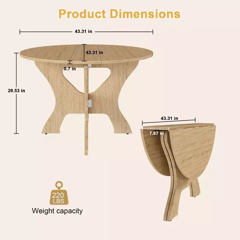 Table de salle à manger pliante de 109 cm avec placage chêne sauvage, gain de place, design multi-scénario pour utilisation intérieure et extérieure, 110 x 110 x 75 cm