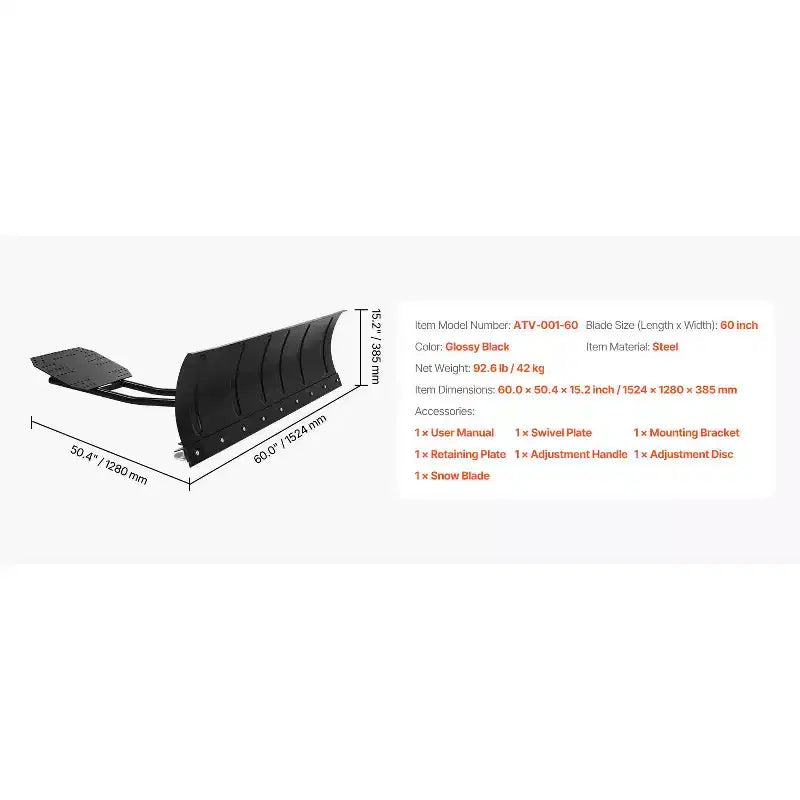 Kit de déneigement, Attache de chasse-neige universelle de 60 po, Réglable en hauteur et de gauche à droite, Détachable rapidement, Lame racleuse en acier pour VTT, 3 options de montage, Noir