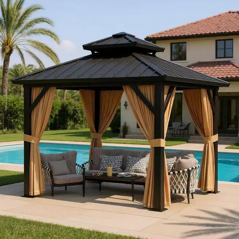 Gazébo à toit rigide robuste, pavillon à double toit en acier galvanisé avec moustiquaires et rideaux pour patio, jardin, fêtes, mariages et repas en extérieur