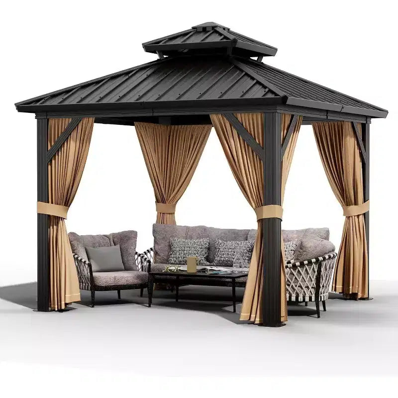 Gazébo à toit rigide robuste, pavillon à double toit en acier galvanisé avec moustiquaires et rideaux pour patio, jardin, fêtes, mariages et repas en extérieur