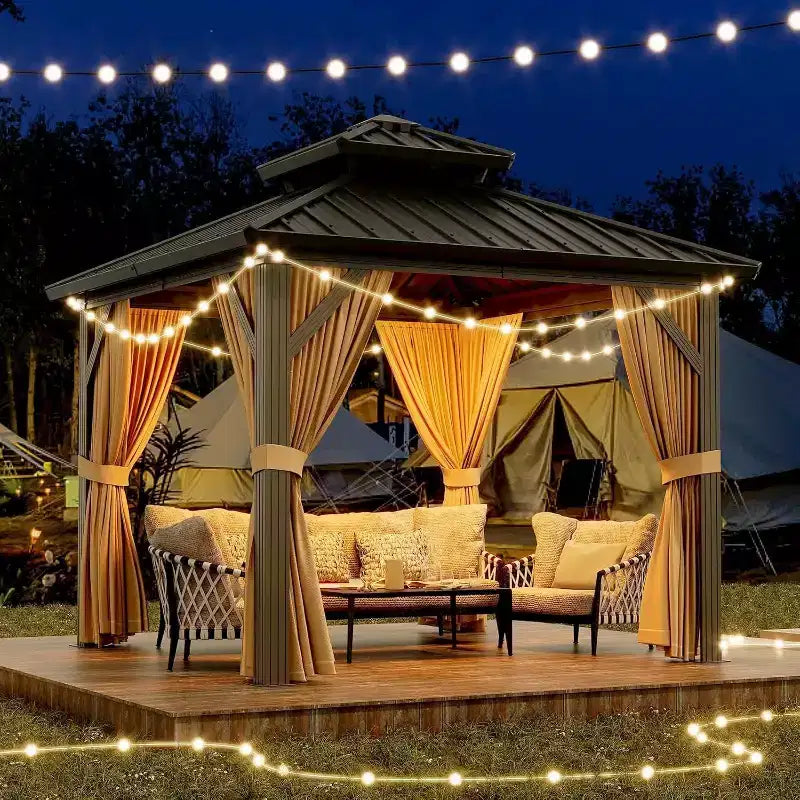Gazébo à toit rigide robuste, pavillon à double toit en acier galvanisé avec moustiquaires et rideaux pour patio, jardin, fêtes, mariages et repas en extérieur
