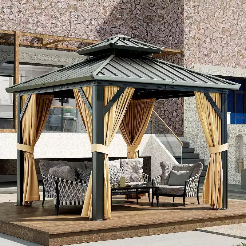 Gazébo à toit rigide robuste, pavillon à double toit en acier galvanisé avec moustiquaires et rideaux pour patio, jardin, fêtes, mariages et repas en extérieur