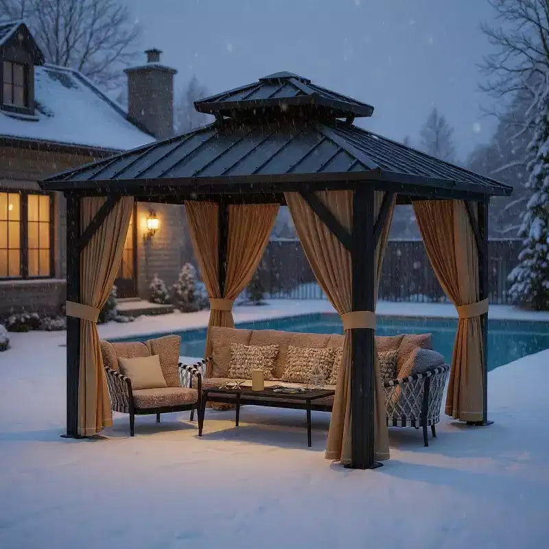 Gazébo à toit rigide robuste, pavillon à double toit en acier galvanisé avec moustiquaires et rideaux pour patio, jardin, fêtes, mariages et repas en extérieur