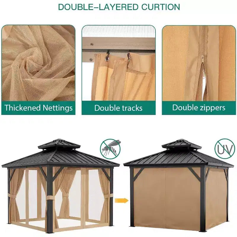 Gazébo à toit rigide robuste, pavillon à double toit en acier galvanisé avec moustiquaires et rideaux pour patio, jardin, fêtes, mariages et repas en extérieur
