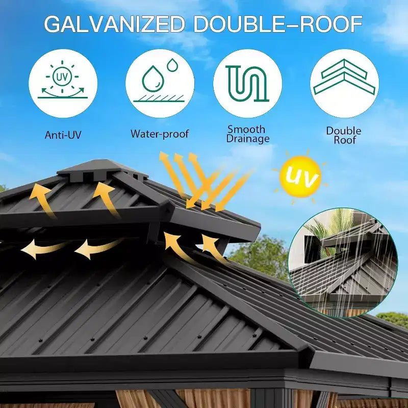 Gazébo à toit rigide robuste, pavillon à double toit en acier galvanisé avec moustiquaires et rideaux pour patio, jardin, fêtes, mariages et repas en extérieur