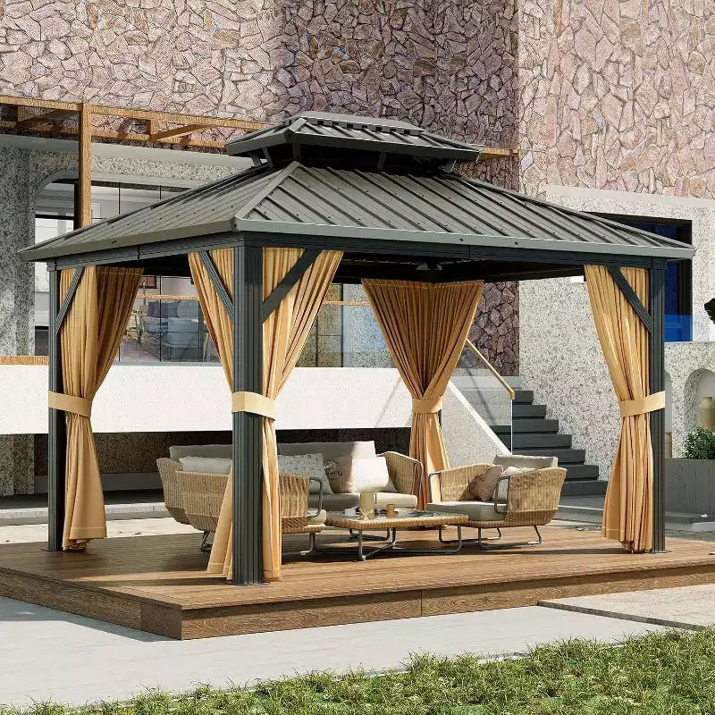 Gazébo à toit rigide robuste, pavillon à double toit en acier galvanisé avec moustiquaires et rideaux pour patio, jardin, fêtes, mariages et repas en extérieur