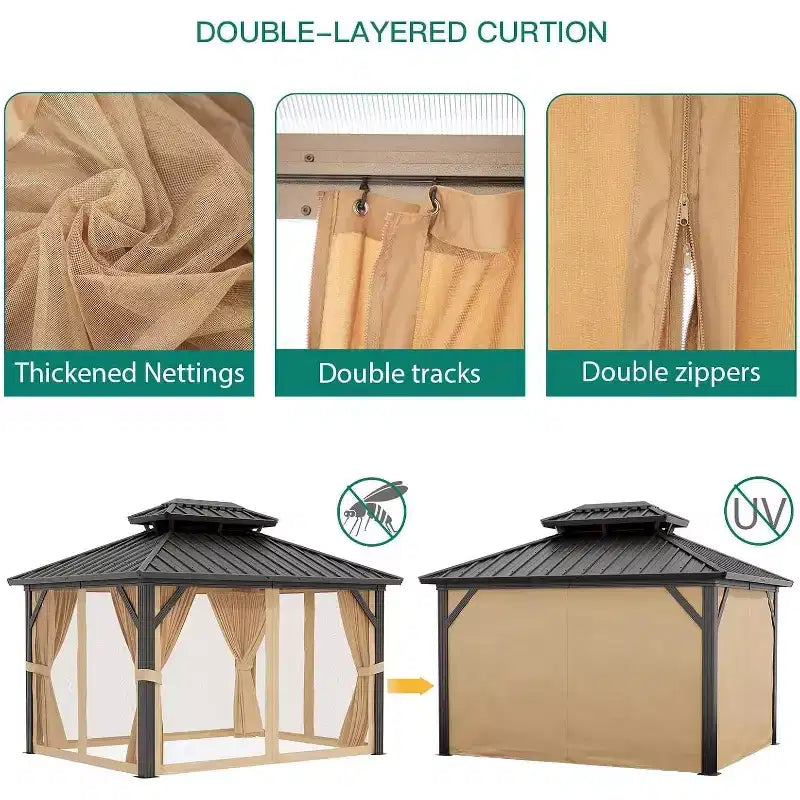 Gazébo à toit rigide robuste, pavillon à double toit en acier galvanisé avec moustiquaires et rideaux pour patio, jardin, fêtes, mariages et repas en extérieur