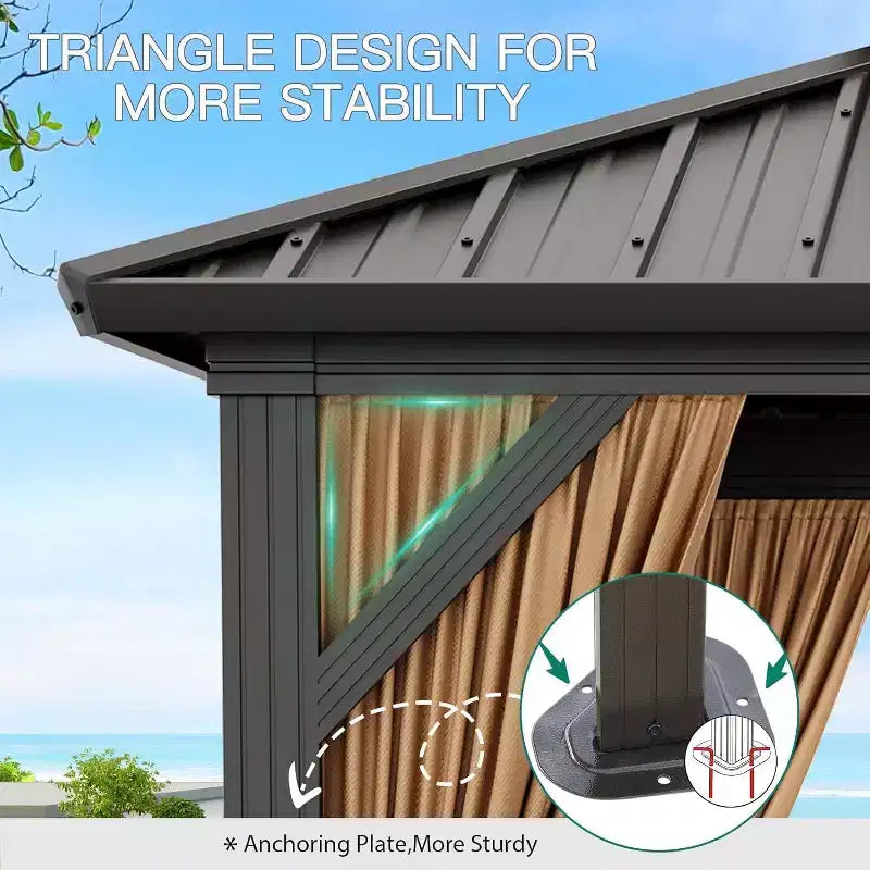 Gazébo à toit rigide robuste, pavillon à double toit en acier galvanisé avec moustiquaires et rideaux pour patio, jardin, fêtes, mariages et repas en extérieur