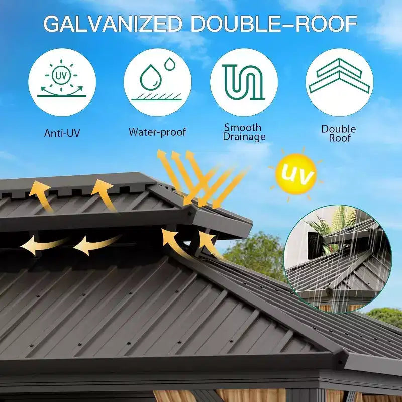 Gazébo à toit rigide robuste, pavillon à double toit en acier galvanisé avec moustiquaires et rideaux pour patio, jardin, fêtes, mariages et repas en extérieur