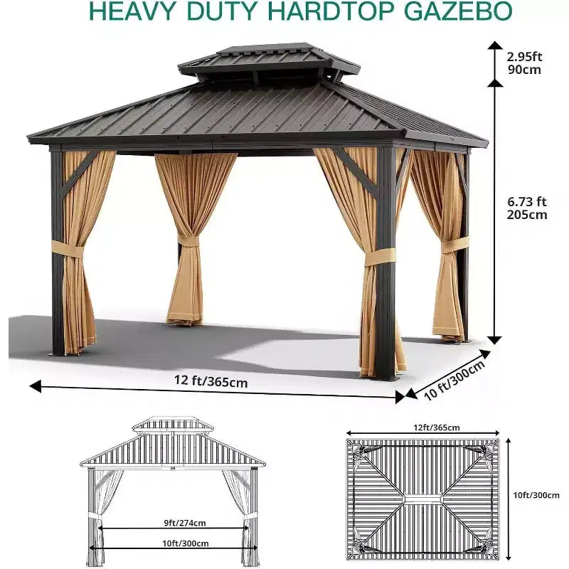 Gazébo à toit rigide robuste, pavillon à double toit en acier galvanisé avec moustiquaires et rideaux pour patio, jardin, fêtes, mariages et repas en extérieur
