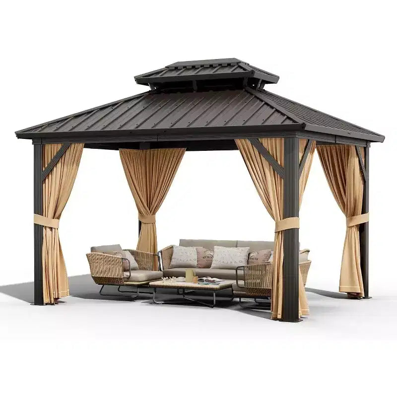 Gazébo à toit rigide robuste, pavillon à double toit en acier galvanisé avec moustiquaires et rideaux pour patio, jardin, fêtes, mariages et repas en extérieur