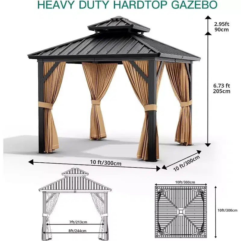 Gazébo à toit rigide robuste, pavillon à double toit en acier galvanisé avec moustiquaires et rideaux pour patio, jardin, fêtes, mariages et repas en extérieur