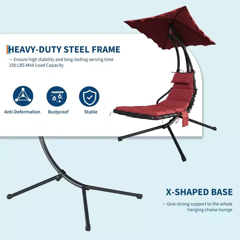 Chaise longue d'extérieur style hamac avec parasol, structure en acier courbé et coussins moelleux, parfaite pour les patios, les jardins et les bords de piscine.