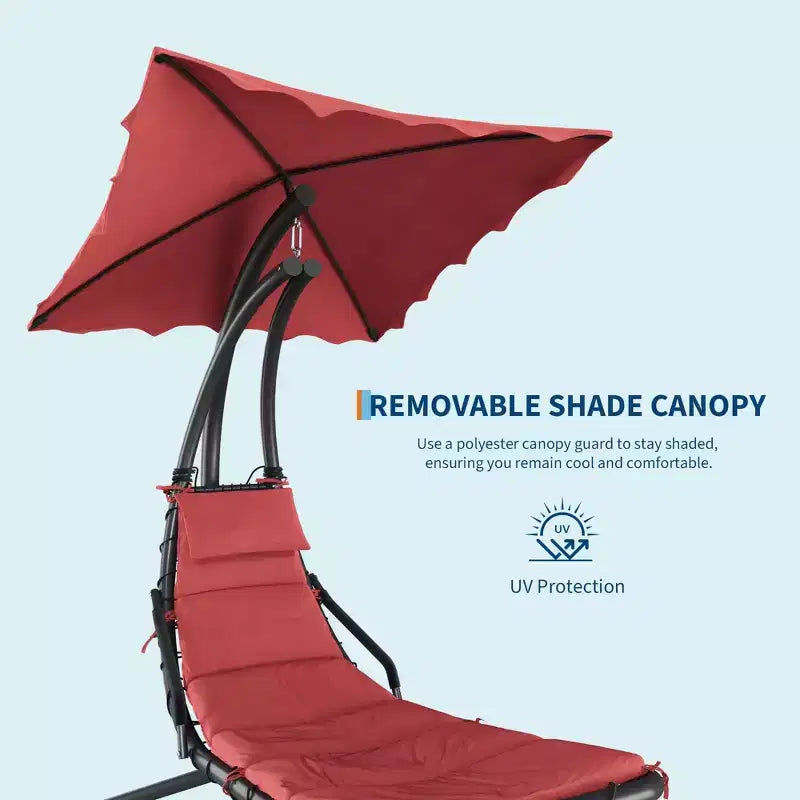 Chaise longue d'extérieur style hamac avec parasol, structure en acier courbé et coussins moelleux, parfaite pour les patios, les jardins et les bords de piscine.