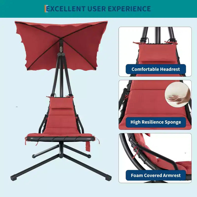 Chaise longue d'extérieur style hamac avec parasol, structure en acier courbé et coussins moelleux, parfaite pour les patios, les jardins et les bords de piscine.