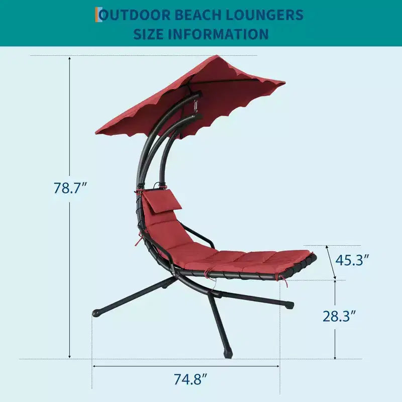 Chaise longue d'extérieur style hamac avec parasol, structure en acier courbé et coussins moelleux, parfaite pour les patios, les jardins et les bords de piscine.