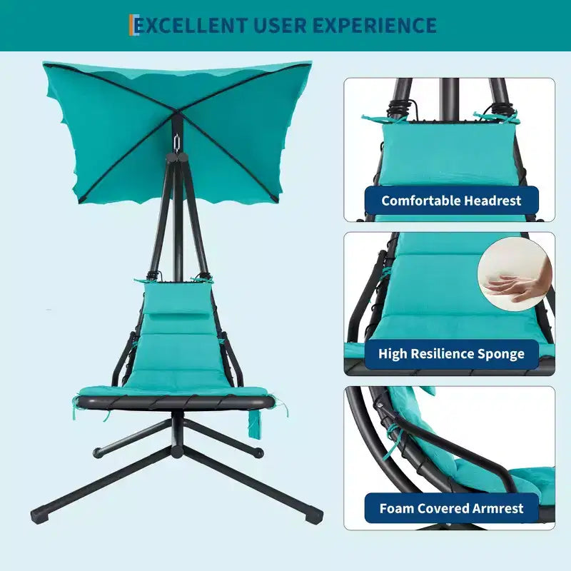Chaise longue d'extérieur style hamac avec parasol, structure en acier courbé et coussins moelleux, parfaite pour les patios, les jardins et les bords de piscine.