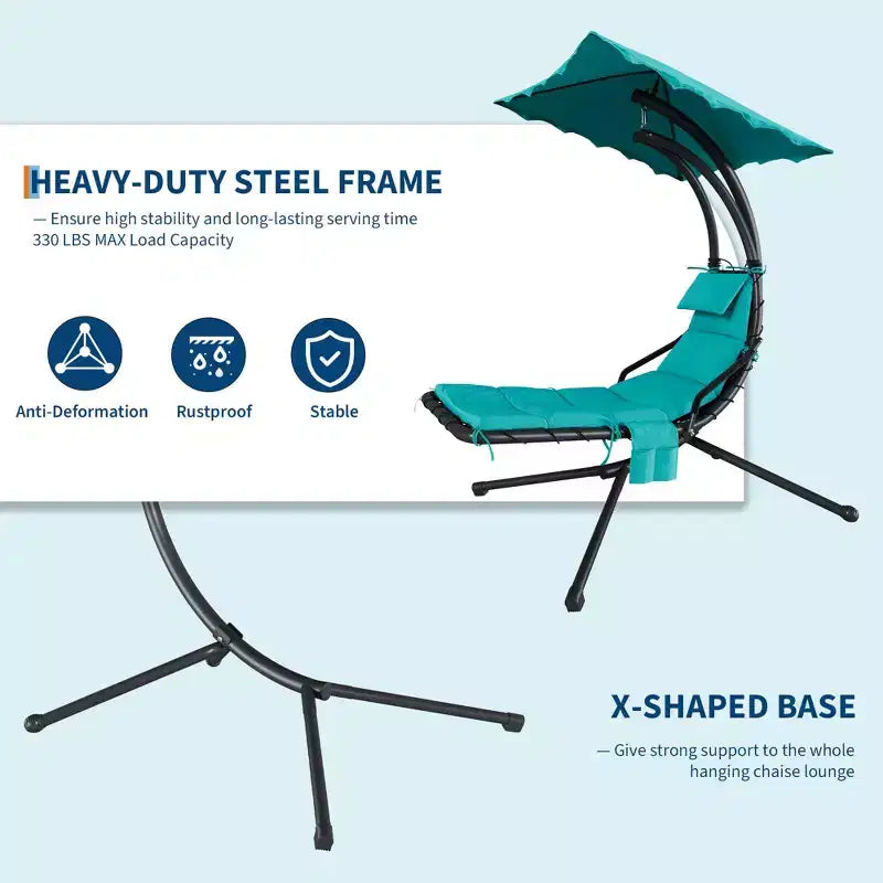 Chaise longue d'extérieur style hamac avec parasol, structure en acier courbé et coussins moelleux, parfaite pour les patios, les jardins et les bords de piscine.