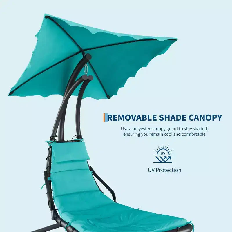 Chaise longue d'extérieur style hamac avec parasol, structure en acier courbé et coussins moelleux, parfaite pour les patios, les jardins et les bords de piscine.