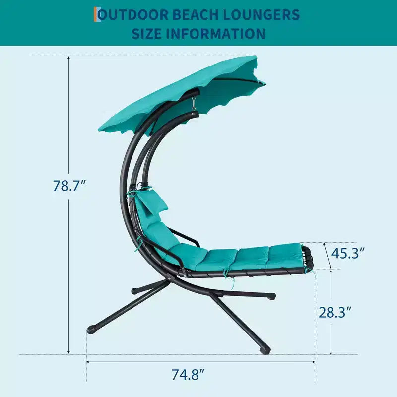 Chaise longue d'extérieur style hamac avec parasol, structure en acier courbé et coussins moelleux, parfaite pour les patios, les jardins et les bords de piscine.