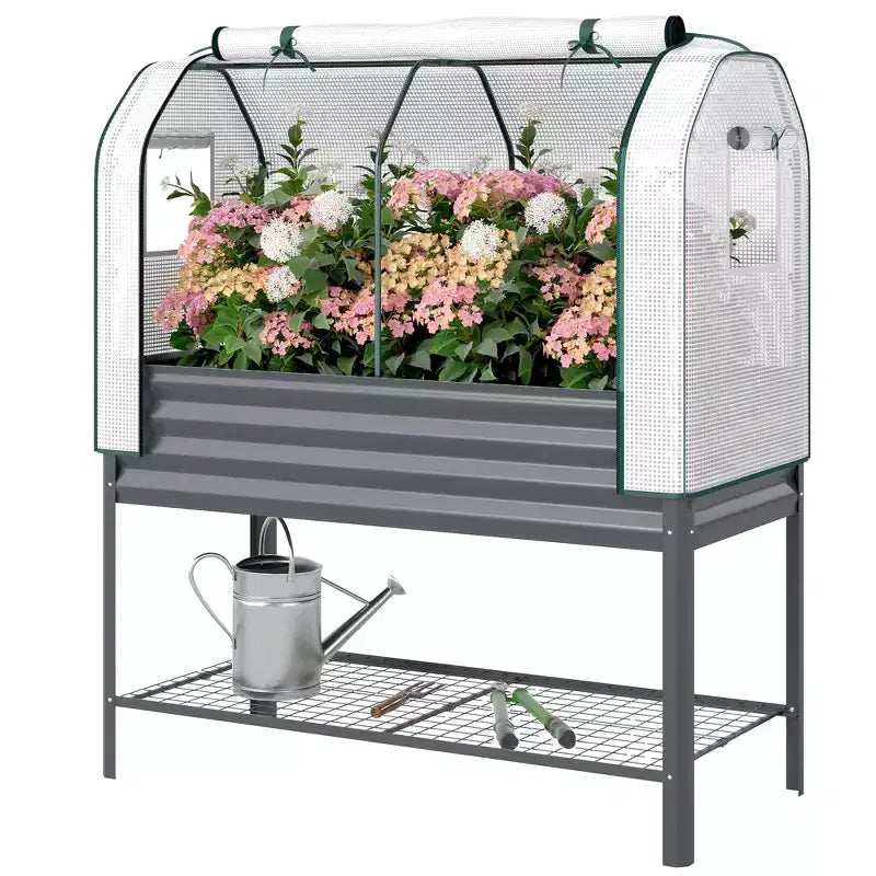 Carré potager surélevé galvanisé avec housse de serre, lit de jardin surélevé en métal avec doublure de lit et étagère inférieure