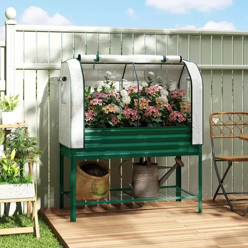 Carré potager surélevé galvanisé avec housse de serre, lit de jardin surélevé en métal avec doublure de lit et étagère inférieure