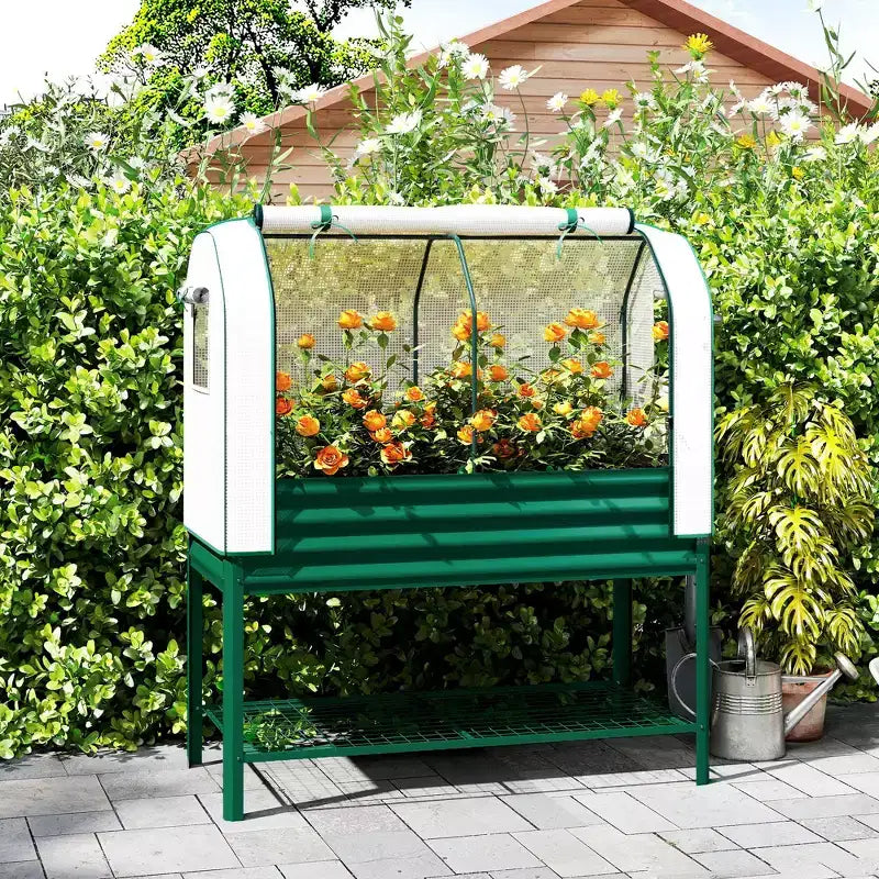 Carré potager surélevé galvanisé avec housse de serre, lit de jardin surélevé en métal avec doublure de lit et étagère inférieure