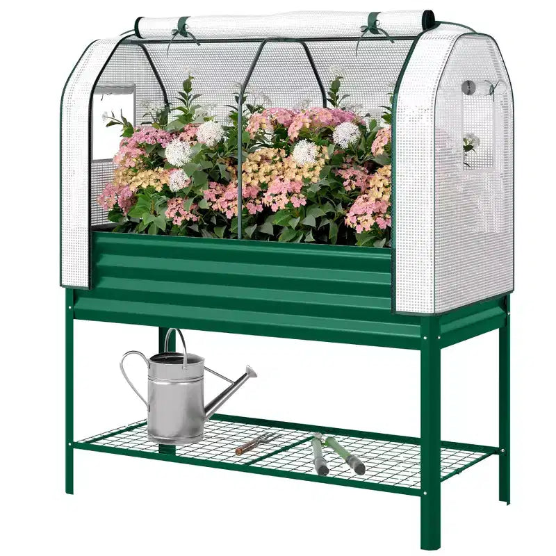 Carré potager surélevé galvanisé avec housse de serre, lit de jardin surélevé en métal avec doublure de lit et étagère inférieure