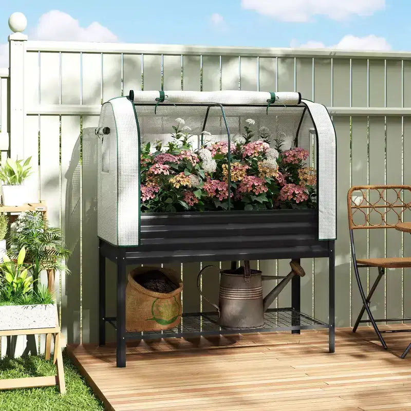 Carré potager surélevé galvanisé avec housse de serre, lit de jardin surélevé en métal avec doublure de lit et étagère inférieure