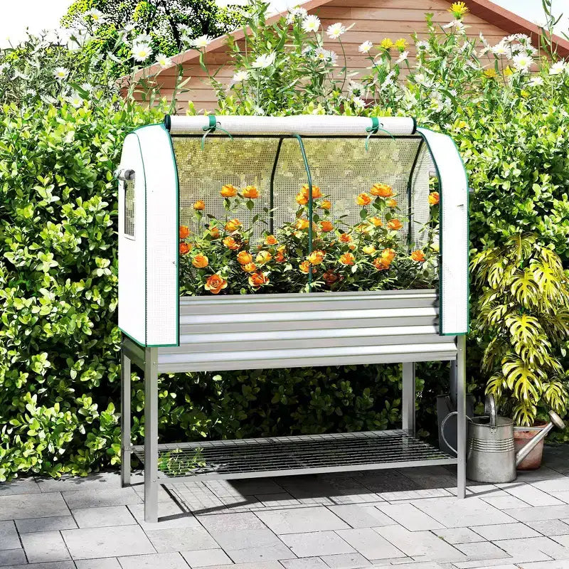 Carré potager surélevé galvanisé avec housse de serre, lit de jardin surélevé en métal avec doublure de lit et étagère inférieure