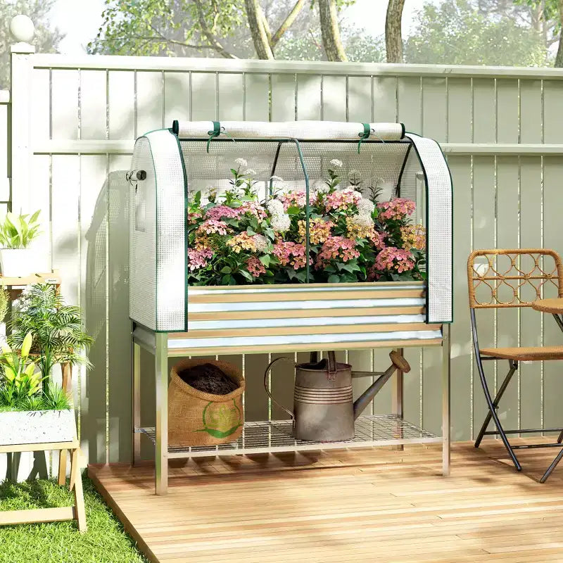 Carré potager surélevé galvanisé avec housse de serre, lit de jardin surélevé en métal avec doublure de lit et étagère inférieure