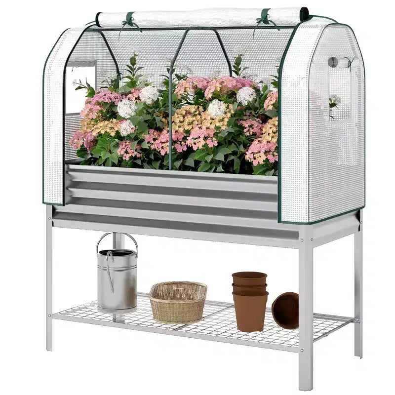 Carré potager surélevé galvanisé avec housse de serre, lit de jardin surélevé en métal avec doublure de lit et étagère inférieure