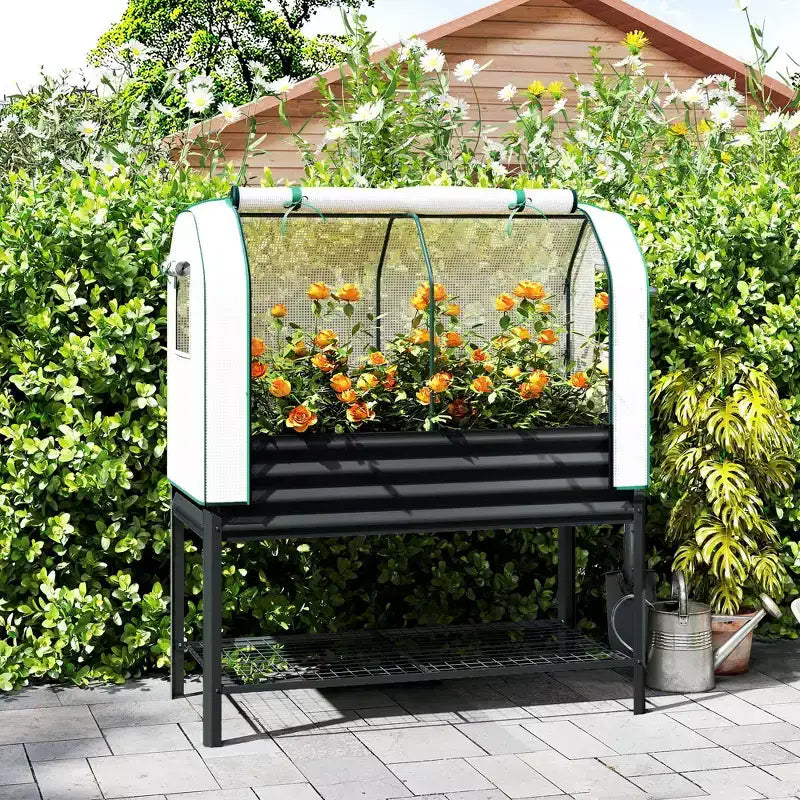 Carré potager surélevé galvanisé avec housse de serre, lit de jardin surélevé en métal avec doublure de lit et étagère inférieure