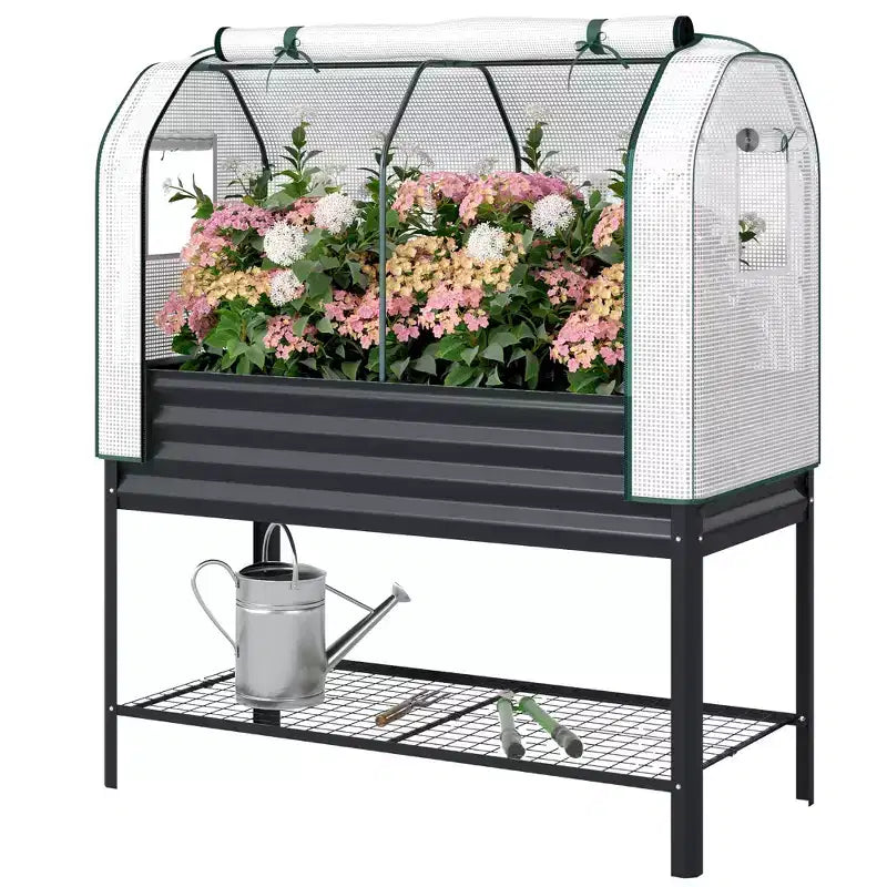 Carré potager surélevé galvanisé avec housse de serre, lit de jardin surélevé en métal avec doublure de lit et étagère inférieure