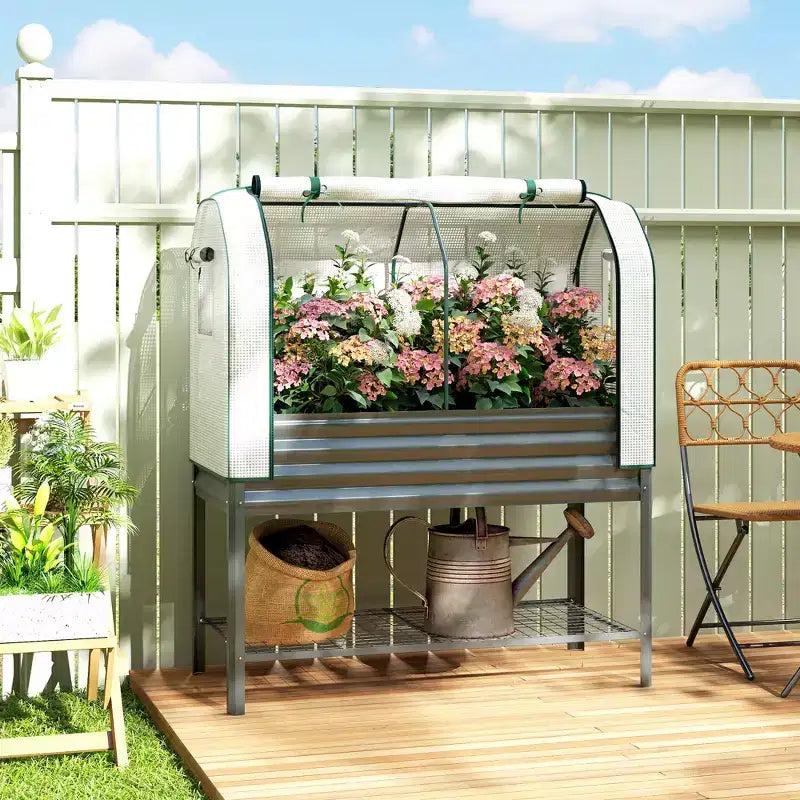 Carré potager surélevé galvanisé avec housse de serre, lit de jardin surélevé en métal avec doublure de lit et étagère inférieure
