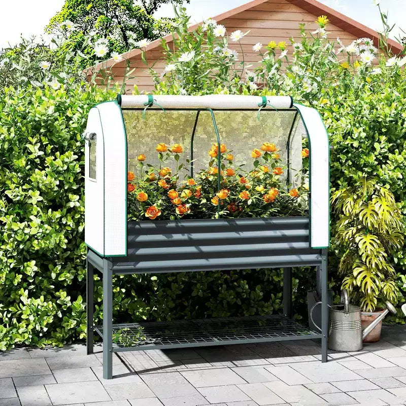 Carré potager surélevé galvanisé avec housse de serre, lit de jardin surélevé en métal avec doublure de lit et étagère inférieure