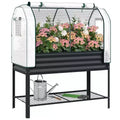 Outsunny Galvanised Raised Garden Bed with Greenhouse Cover, Metal Elevated Garden Bed with Bed Liner and Bottom Shelf