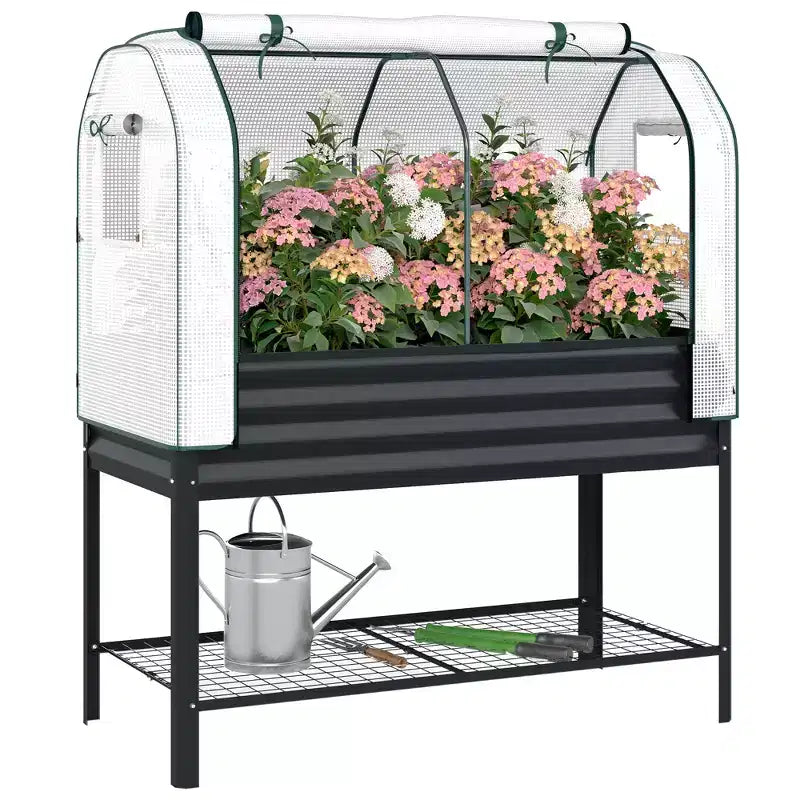 Outsunny Galvanised Raised Garden Bed with Greenhouse Cover, Metal Elevated Garden Bed with Bed Liner and Bottom Shelf