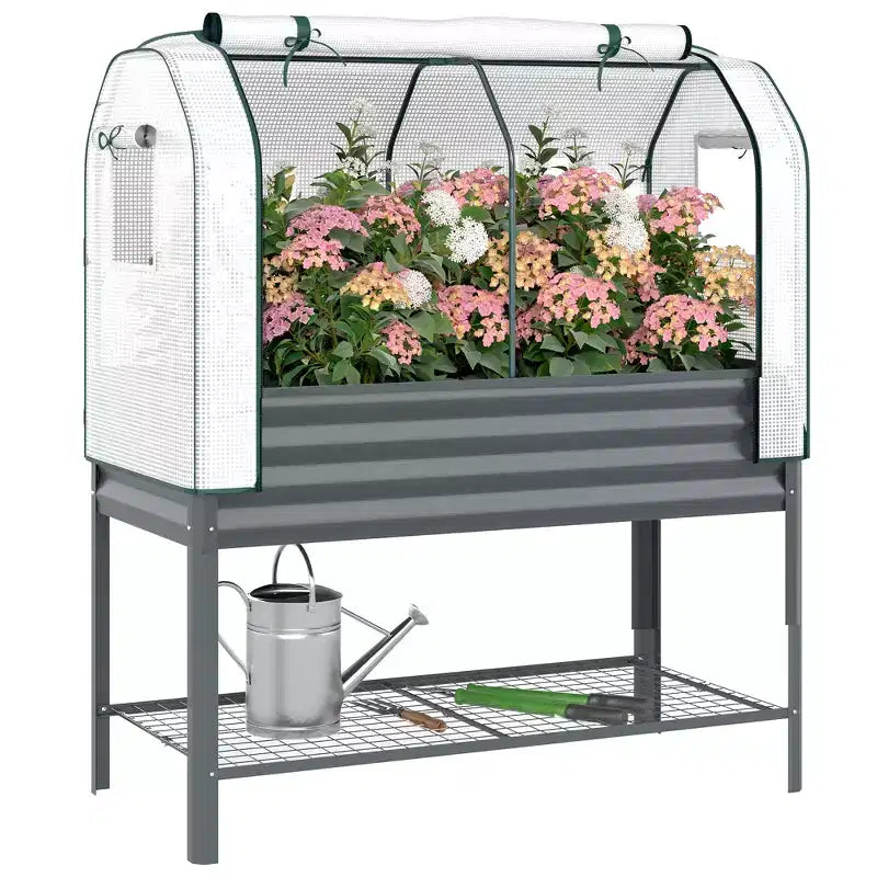 Carré potager surélevé galvanisé avec housse de serre, lit de jardin surélevé en métal avec doublure de lit et étagère inférieure