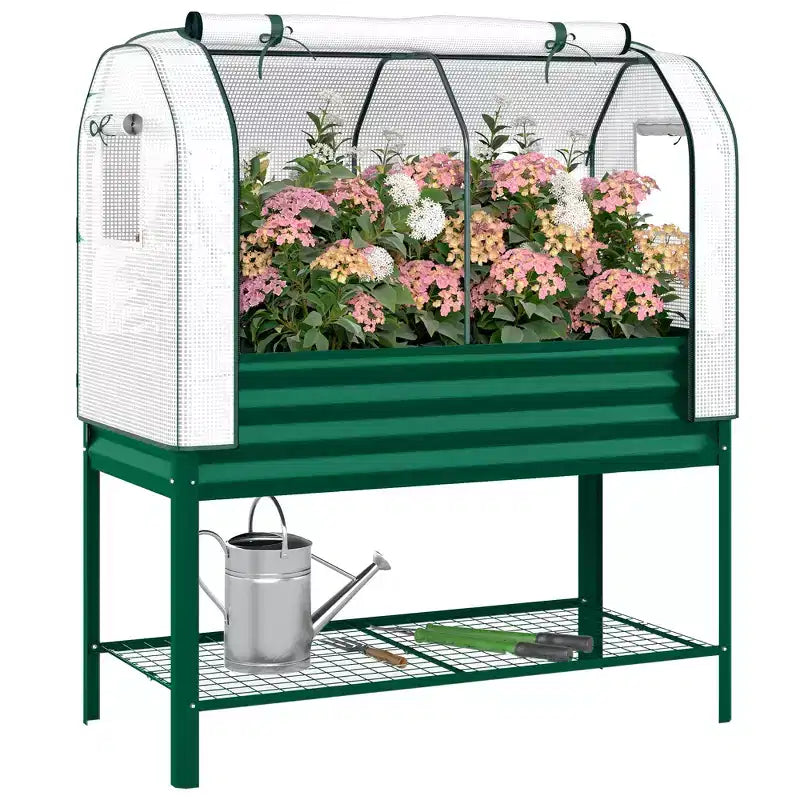 Carré potager surélevé galvanisé avec housse de serre, lit de jardin surélevé en métal avec doublure de lit et étagère inférieure