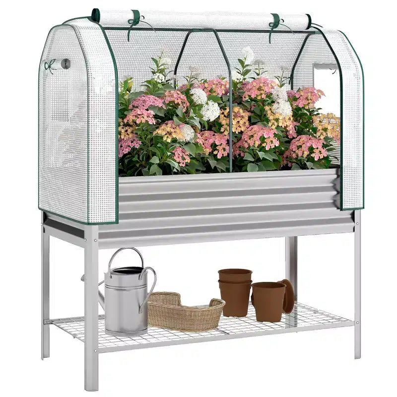 Carré potager surélevé galvanisé avec housse de serre, lit de jardin surélevé en métal avec doublure de lit et étagère inférieure