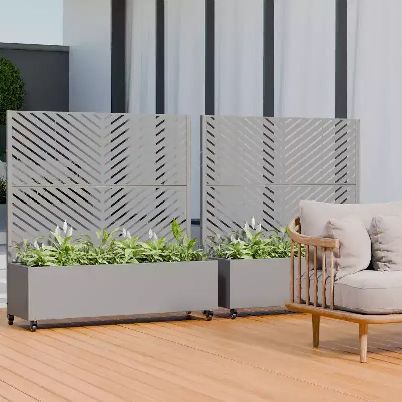 Jardinière avec écran de confidentialité en métal d'extérieur, écran décoratif autoportant avec lit de jardin surélevé, treillis pour plantes grimpantes, pot de fleurs