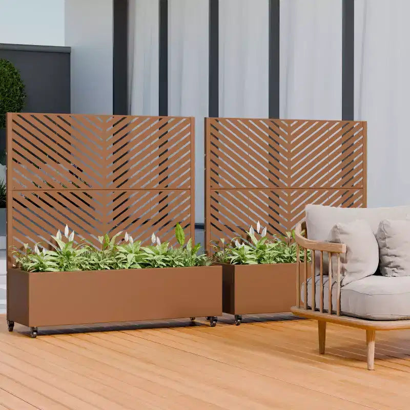 Jardinière avec écran de confidentialité en métal d'extérieur, écran décoratif autoportant avec lit de jardin surélevé, treillis pour plantes grimpantes, pot de fleurs