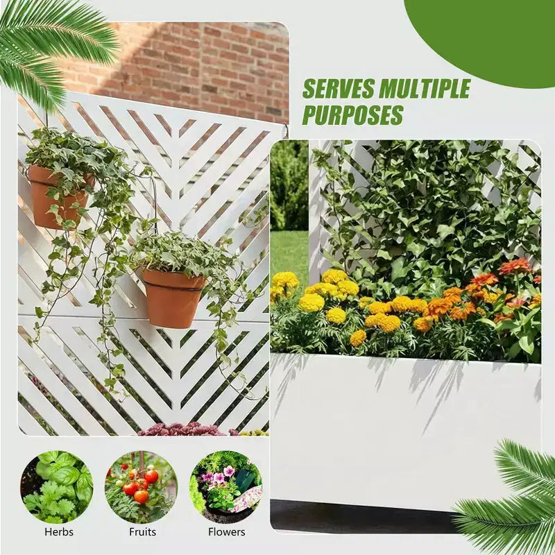 Jardinière avec écran de confidentialité en métal d'extérieur, écran décoratif autoportant avec lit de jardin surélevé, treillis pour plantes grimpantes, pot de fleurs