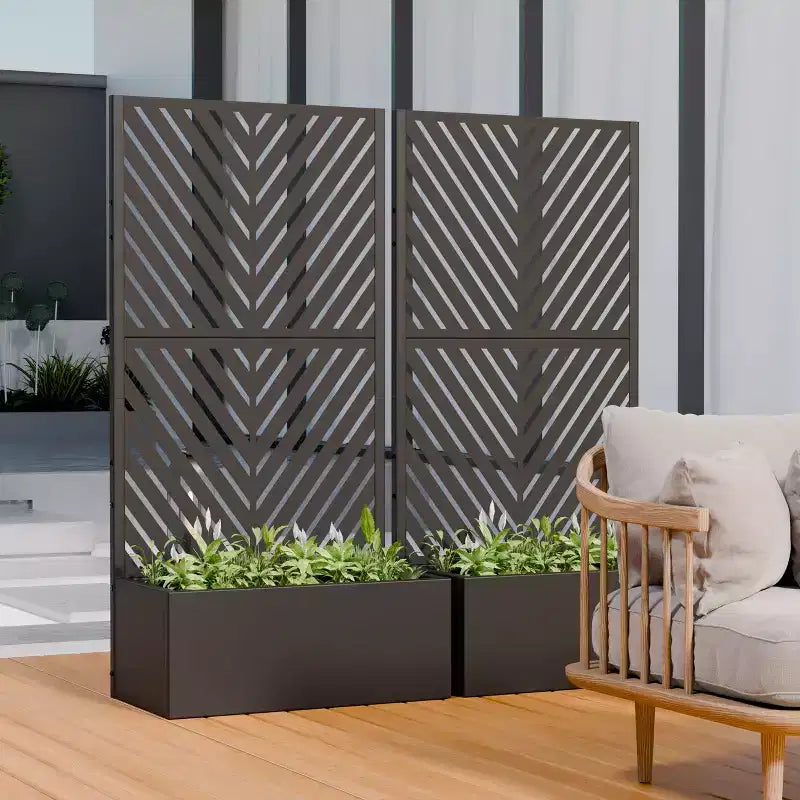 Jardinière avec écran de confidentialité en métal d'extérieur, écran décoratif autoportant avec lit de jardin surélevé, treillis pour plantes grimpantes, pot de fleurs