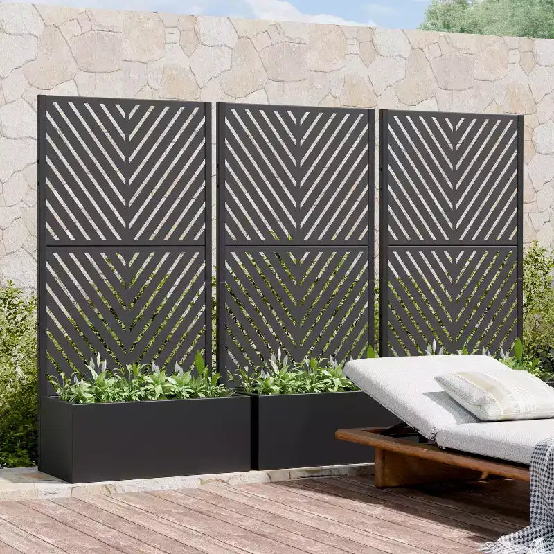 Jardinière avec écran de confidentialité en métal d'extérieur, écran décoratif autoportant avec lit de jardin surélevé, treillis pour plantes grimpantes, pot de fleurs