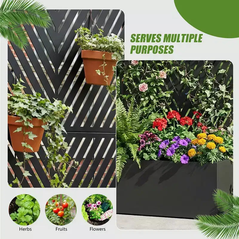 Jardinière avec écran de confidentialité en métal d'extérieur, écran décoratif autoportant avec lit de jardin surélevé, treillis pour plantes grimpantes, pot de fleurs