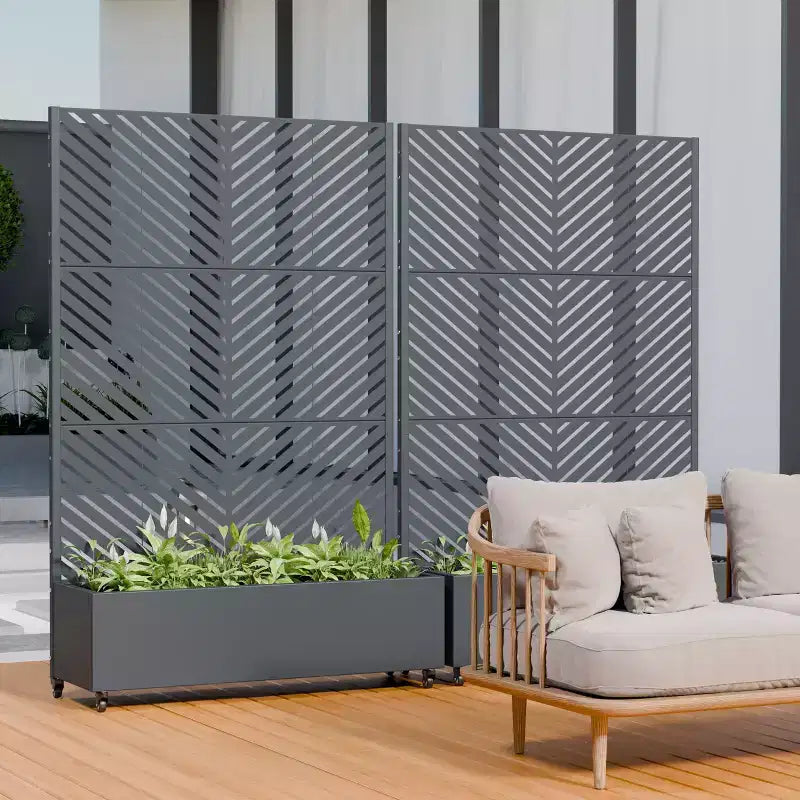 Jardinière avec écran de confidentialité en métal d'extérieur, écran décoratif autoportant avec lit de jardin surélevé, treillis pour plantes grimpantes, pot de fleurs