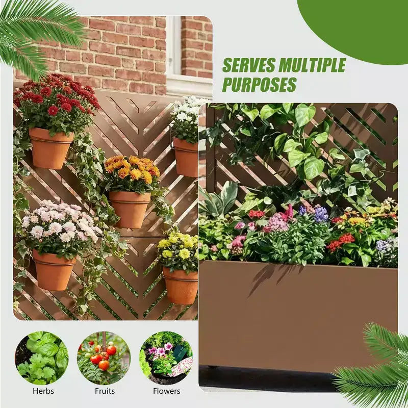 Jardinière avec écran de confidentialité en métal d'extérieur, écran décoratif autoportant avec lit de jardin surélevé, treillis pour plantes grimpantes, pot de fleurs