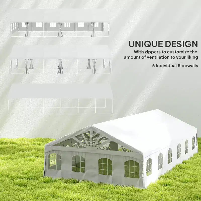 Tonnelle de réception de 5,9 m x 11,9 m, tonnelle de protection solaire robuste avec 2 portes et 20 fenêtres, blanche